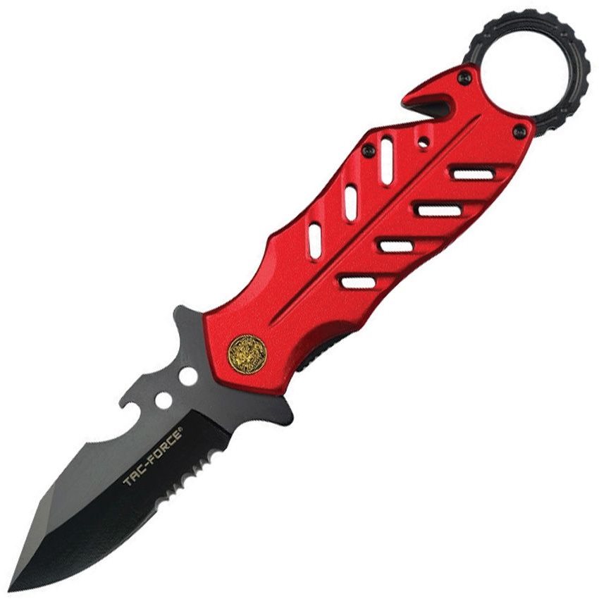 Cuchillo plegable rojo RESCUE A/O con cortacinturones de emergencia y abridor de botellas