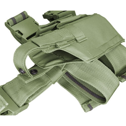 Funda pistolera muslo MOLLE negra, modular, con bolsillo para cargador y hebillas fastex