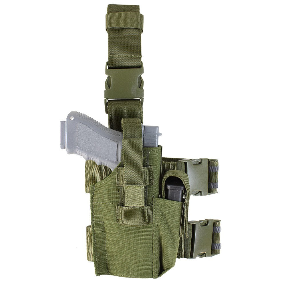Funda pistolera muslo MOLLE negra, modular, con bolsillo para cargador y hebillas fastex