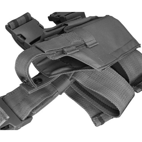Funda pistolera muslo MOLLE negra, modular, con bolsillo para cargador y hebillas fastex