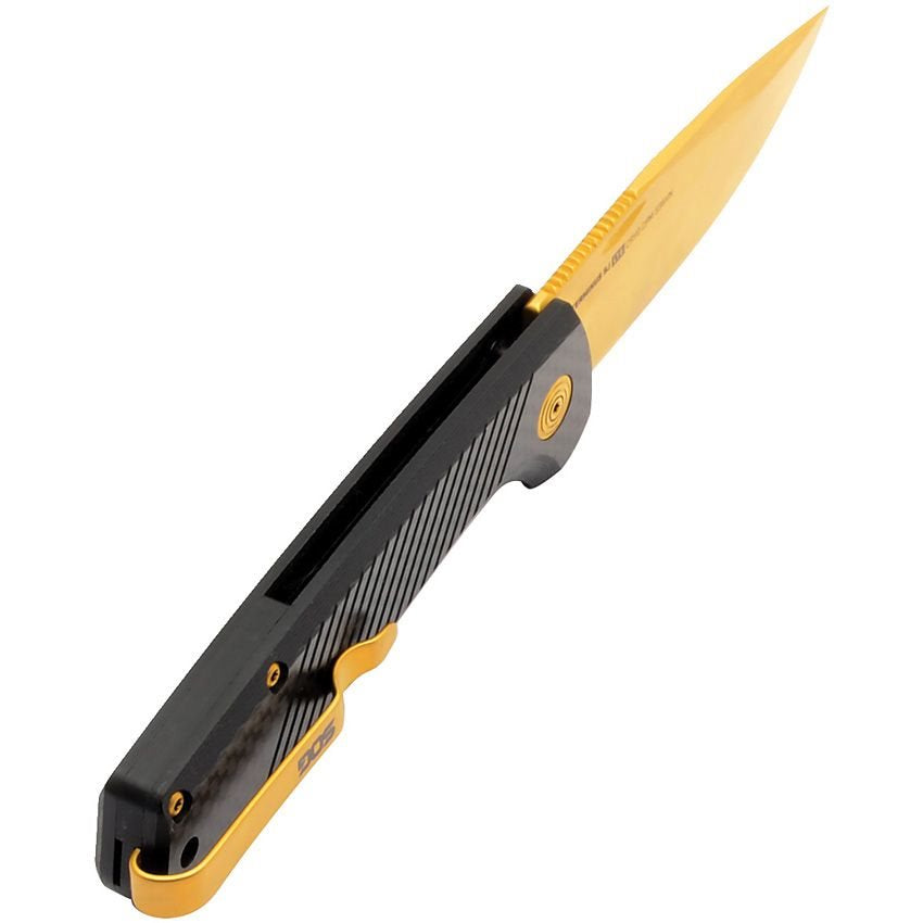Navaja plegable TERMINUS SJ LTE con acabado carbono y dorado, hoja drop point en acero Cryo S35VN