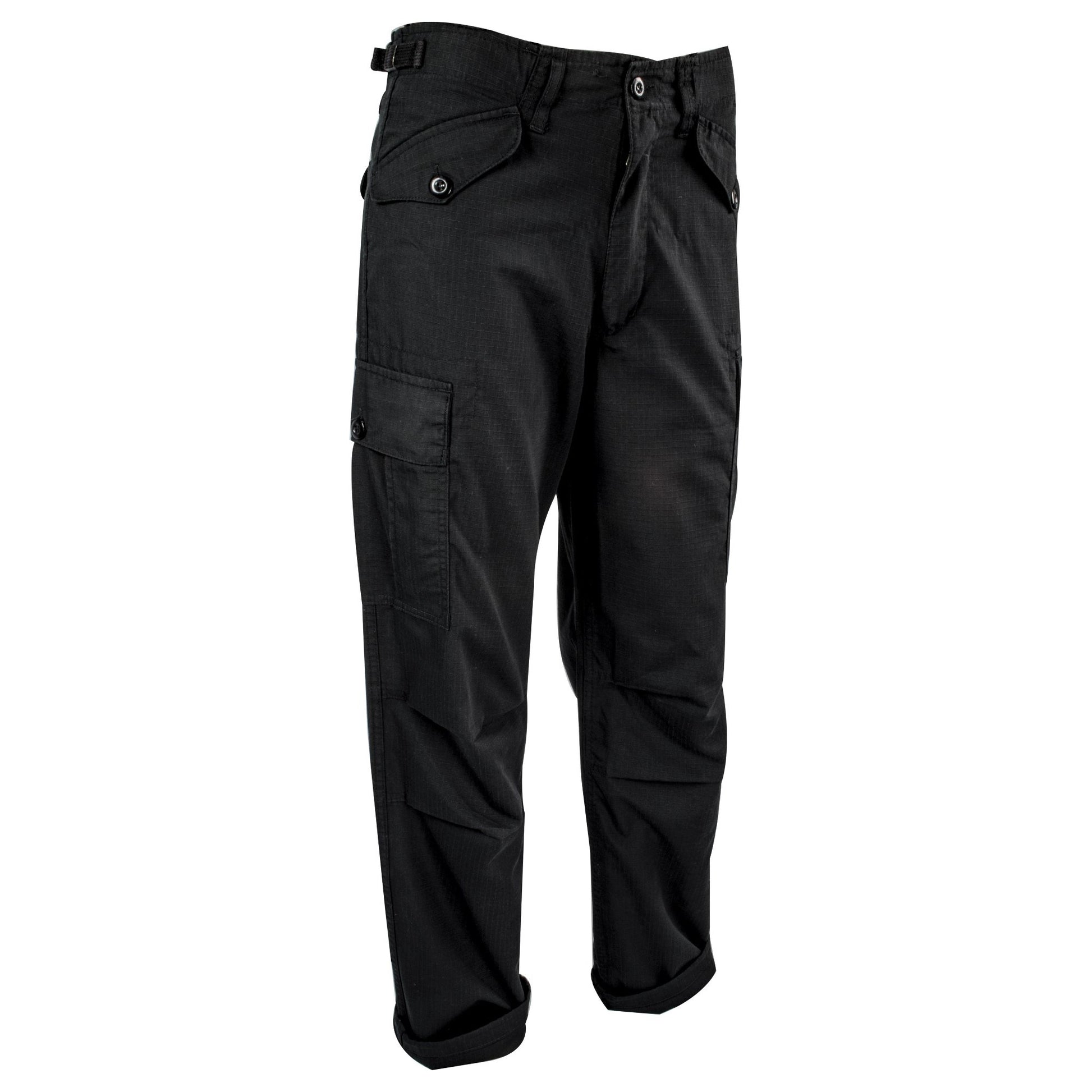 Pantalones M65 estilo militar rip-stop negros con cintura ajustable y múltiples bolsillos