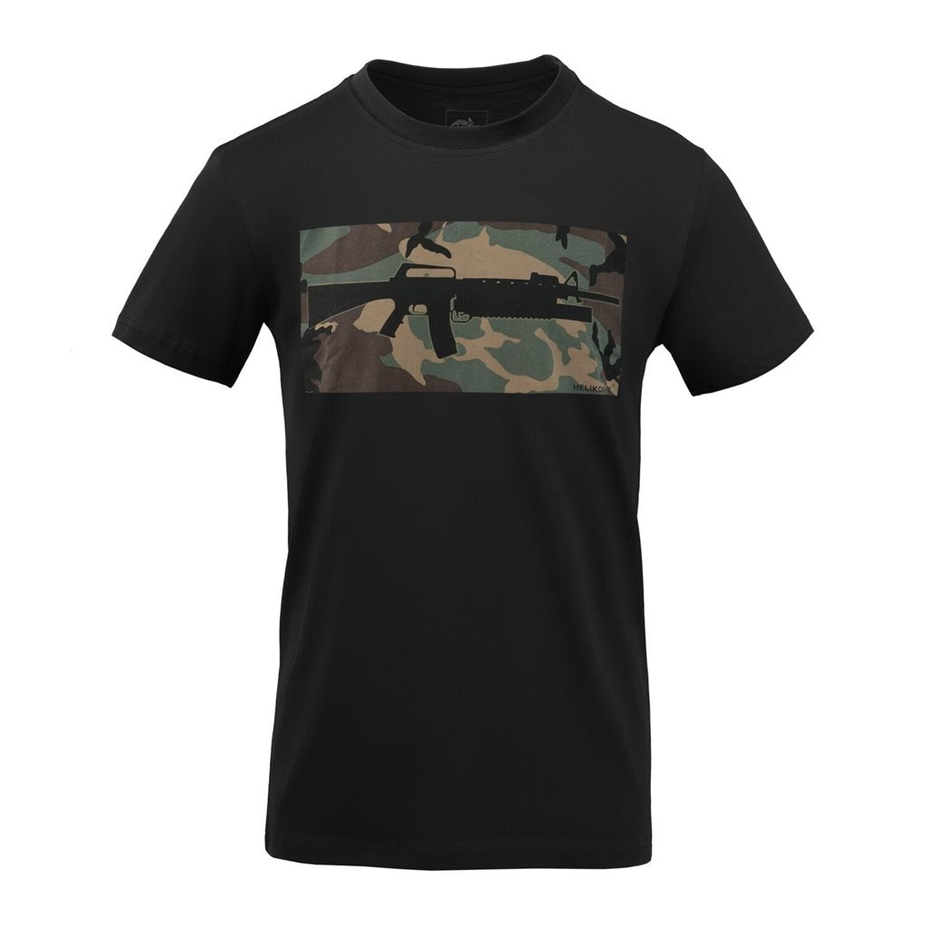 Camiseta negra Helikon-Tex con motivo M16 y lanzagranadas M203