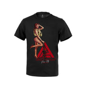 Camiseta negra DIRECT ACTION GIRL #2 con logo y dibujo de chica con fusil, 100% algodón