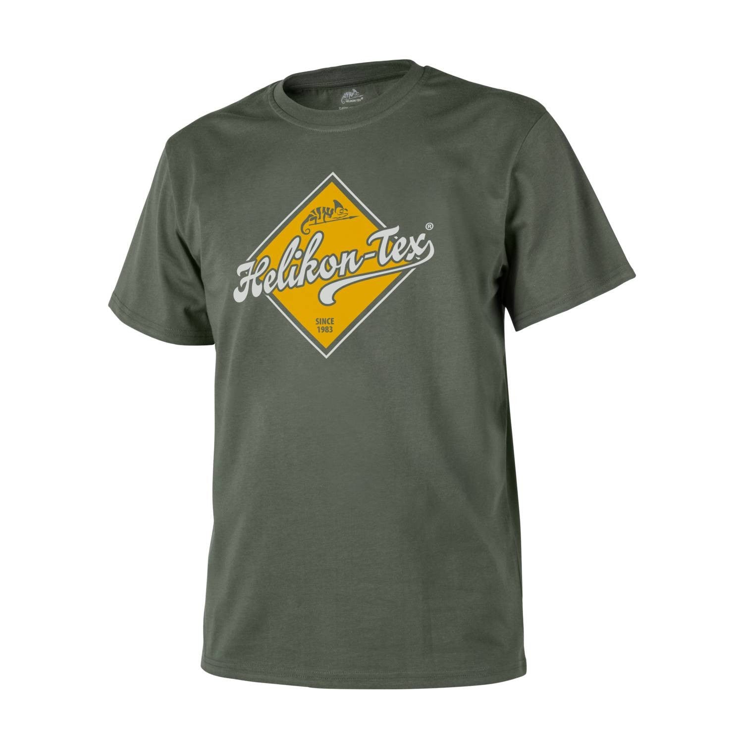 Camiseta verde de algodón ROAD SIGN con logo HELIKON-TEX sobre fondo amarillo
