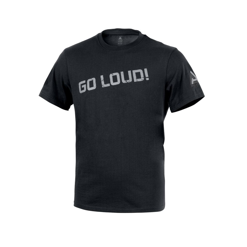 Camiseta DIRECT ACTION GO LOUD negra, corte clásico con logo y texto, 100% algodón