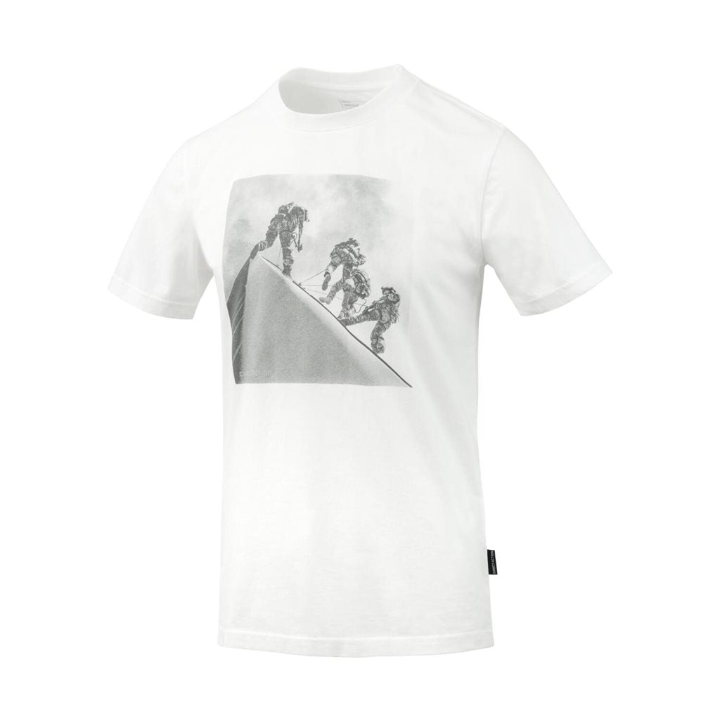 Camiseta blanca ROPE con motivo de cuatro operarios descendiendo
