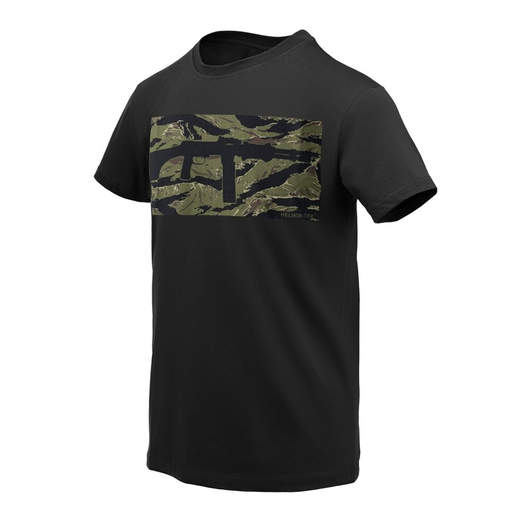 Camiseta negra RPD HELIKON-TEX vista frontal con estampado de arma