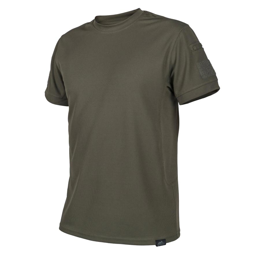 Camiseta táctica verde de manga corta en poliéster con paneles de velcro en las mangas