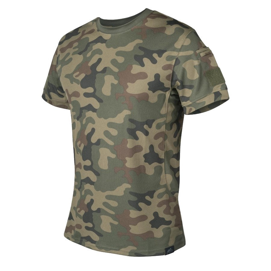 Camiseta táctica Woodland de manga corta, 100% poliéster TopCool, con paneles de velcro en las mangas