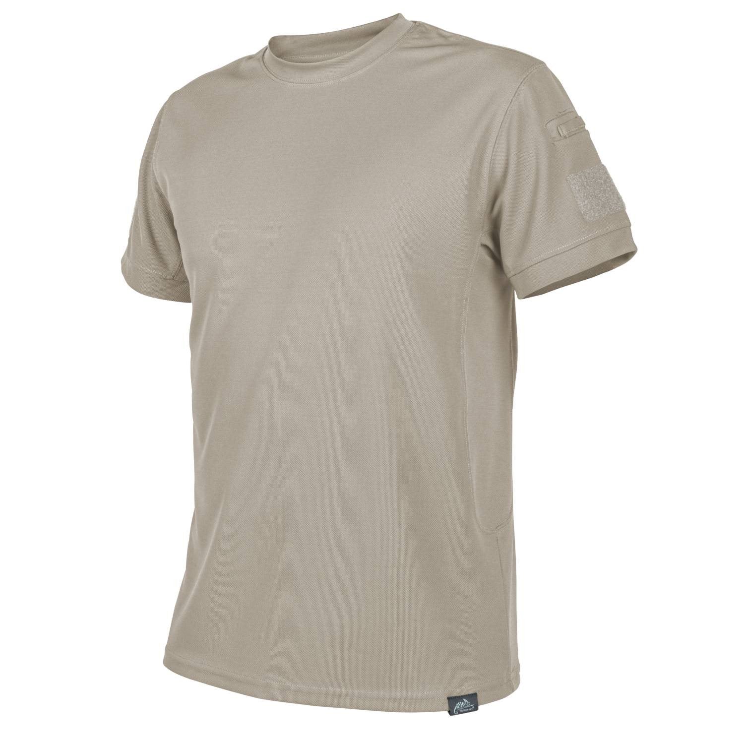 Camiseta táctica khaki de manga corta con tejido de secado rápido y paneles de velcro en las mangas para gafas
