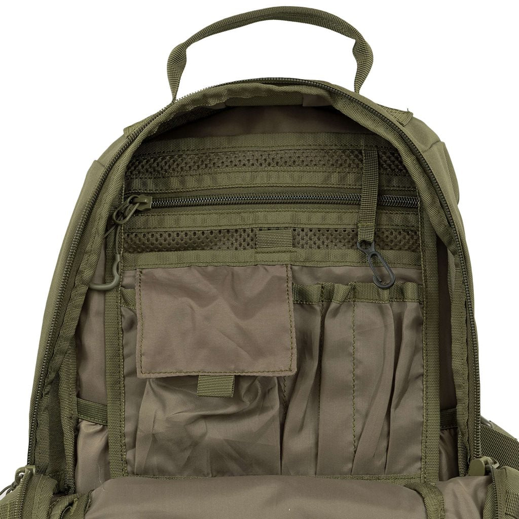 Imagen de la mochila EAGLE 1 (20 L) mostrando bolsillos, sistema MOLLE/PALS y respaldo ergonómico