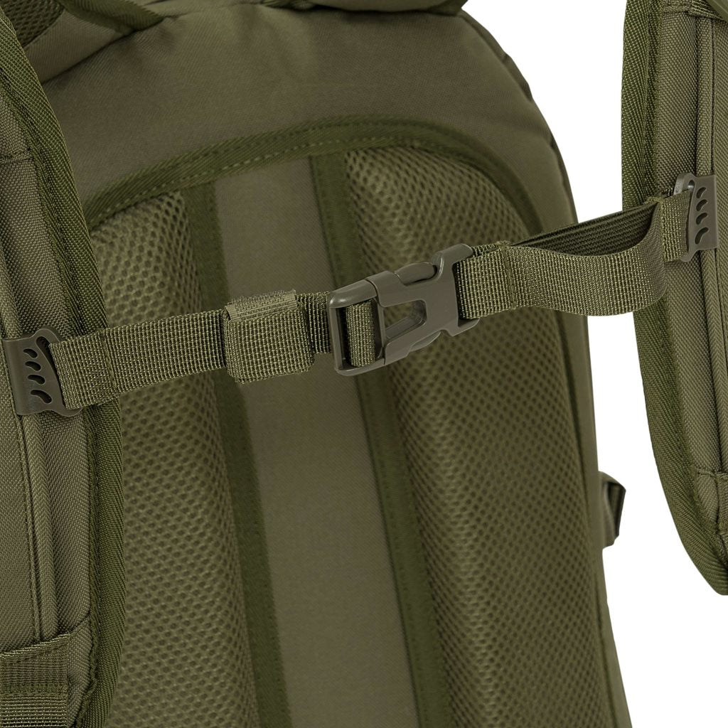 Imagen de la mochila EAGLE 1 (20 L) mostrando bolsillos, sistema MOLLE/PALS y respaldo ergonómico