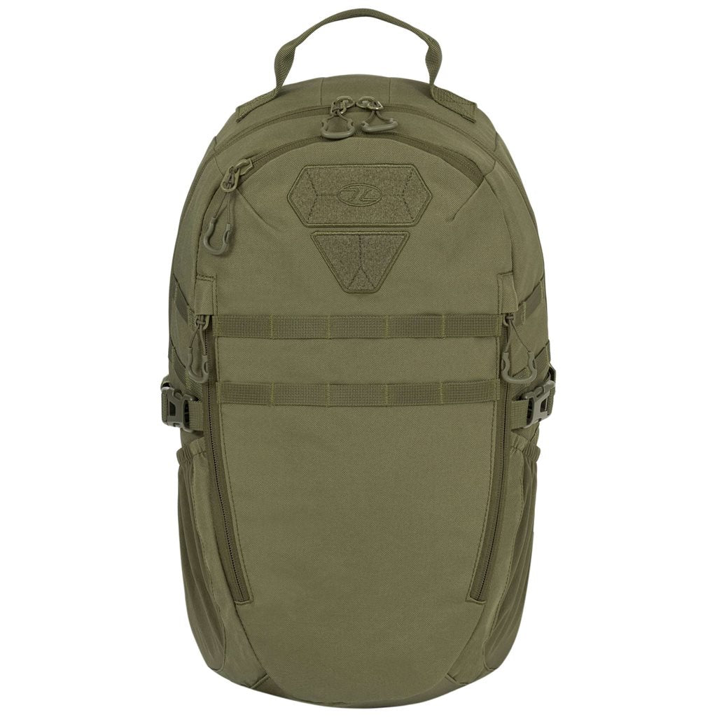 Imagen de la mochila EAGLE 1 (20 L) mostrando bolsillos, sistema MOLLE/PALS y respaldo ergonómico