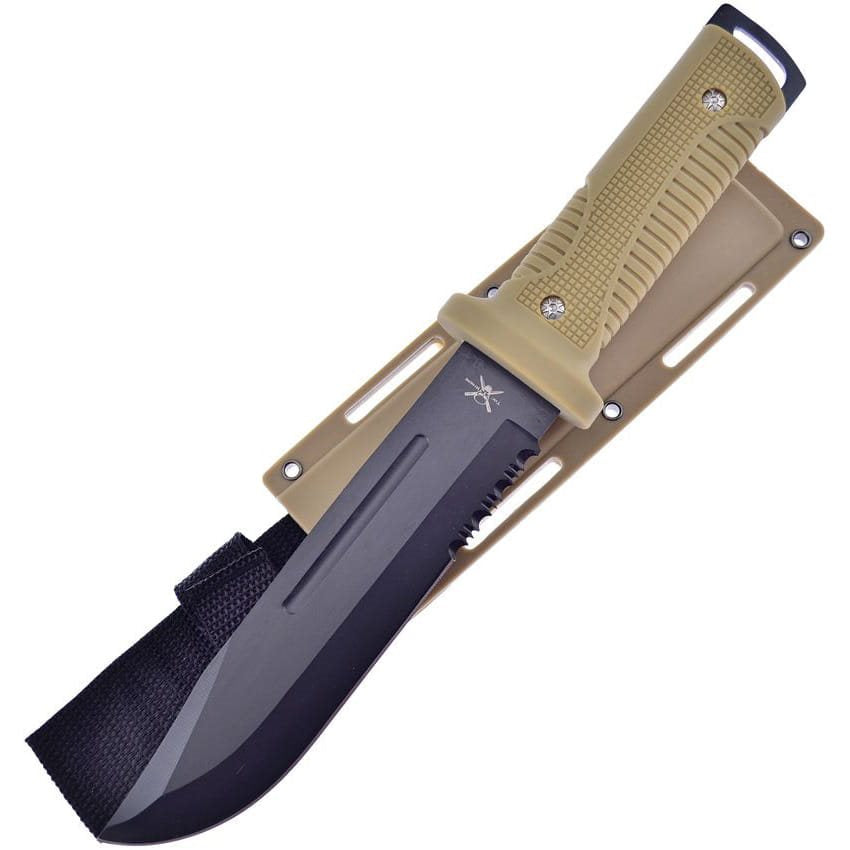 Cuchillo TAC-XTREME BOWIE 315 mm, hoja negra combinada, mango de goma, funda ABS