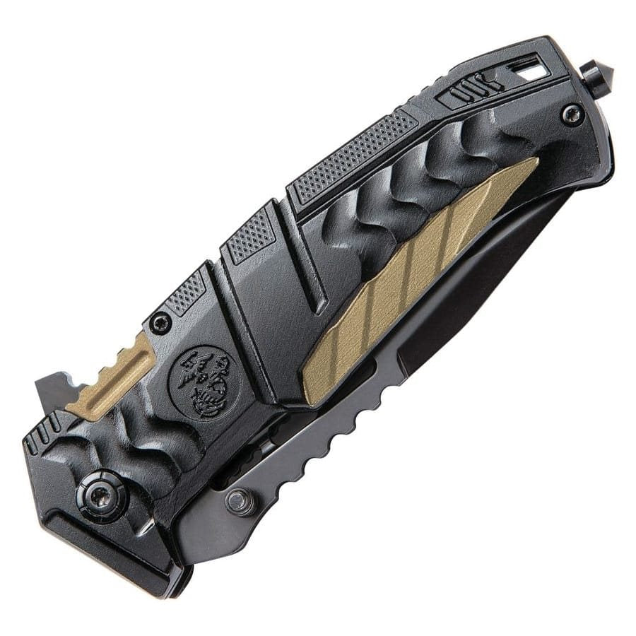 Navaja plegable USMC Linerlock negra con hoja lisa de acero inoxidable y mango de aluminio