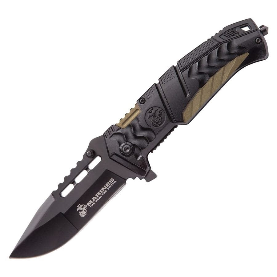 Navaja plegable USMC Linerlock negra con hoja lisa de acero inoxidable y mango de aluminio
