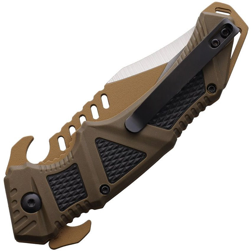 Navaja táctica USMC Desert Ops linerlock con filo liso y apertura asistida, logo oficial USMC