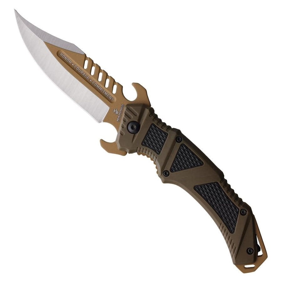 Navaja táctica USMC Desert Ops linerlock con filo liso y apertura asistida, logo oficial USMC