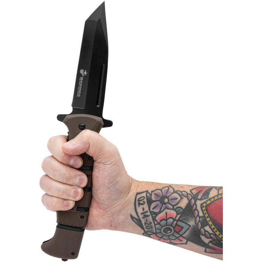 Navaja táctica USMC MAXIMUM con hoja tipo tanto y mango TPR, acero inoxidable negro