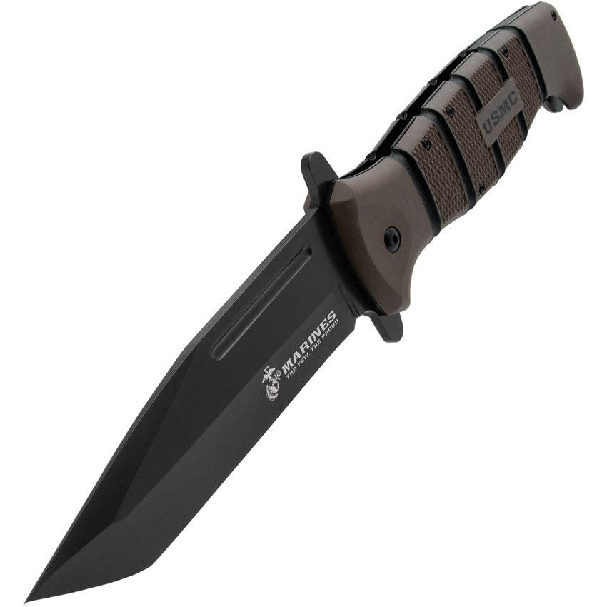 Navaja táctica USMC MAXIMUM con hoja tipo tanto y mango TPR, acero inoxidable negro