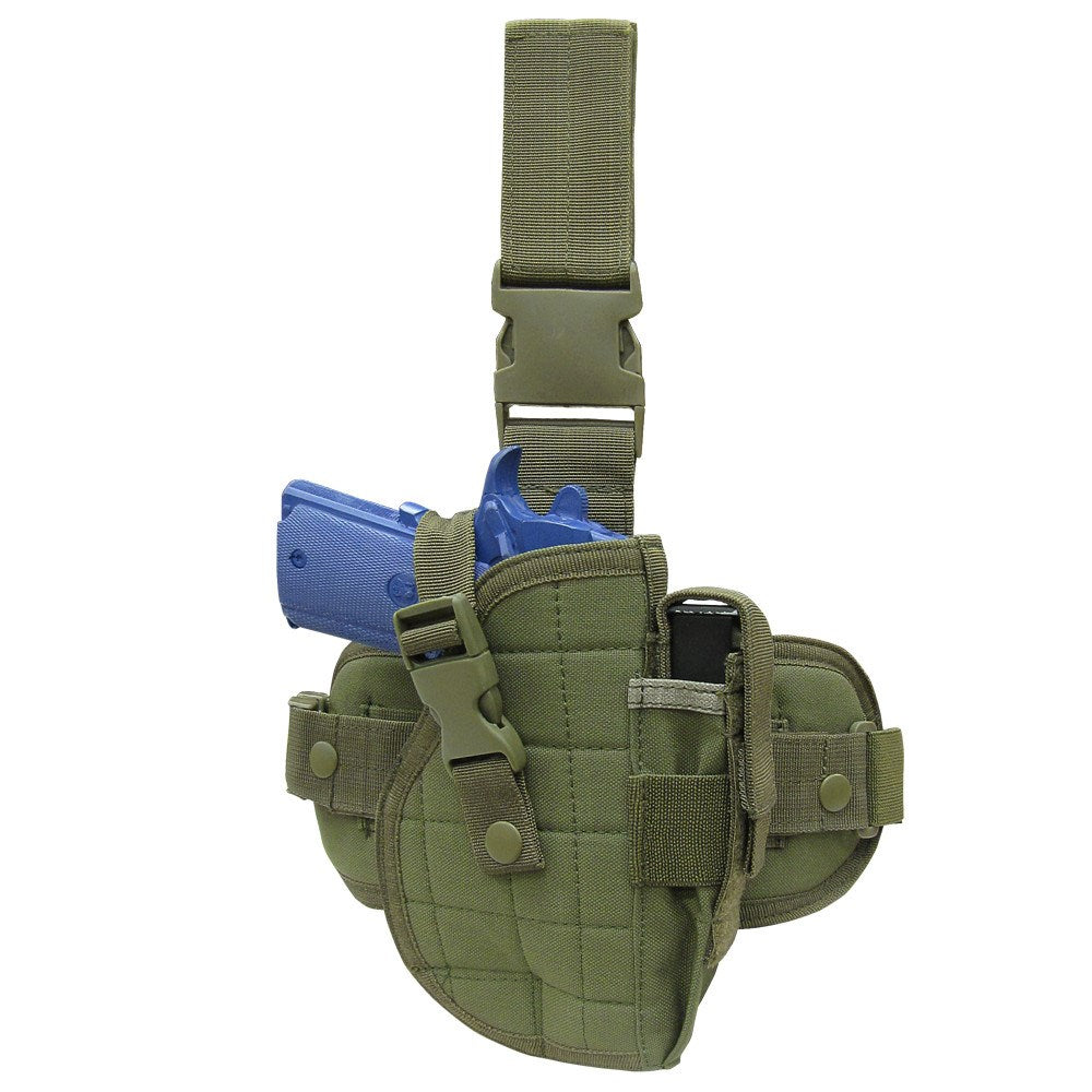 Funda pistolera muslera LEG HOLSTER verde con correa ajustable y bolsillo para cargador