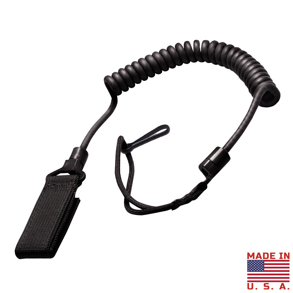 Lanyard de seguridad para pistola negro, cable torsionado y lazo con velcro