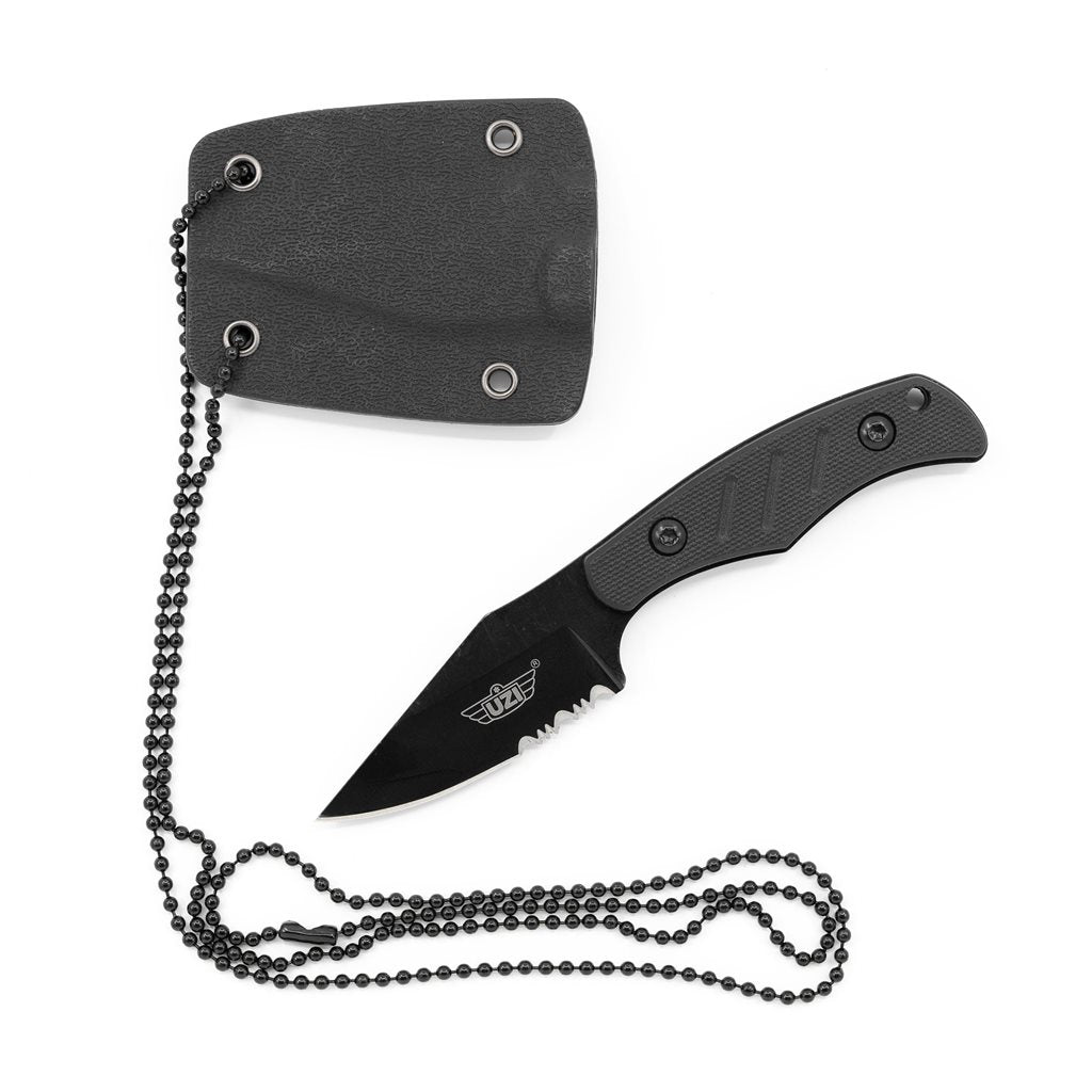 Cuchillo NECK negro con funda para colgar, hoja de acero inoxidable recubierta y mango G10 antideslizante