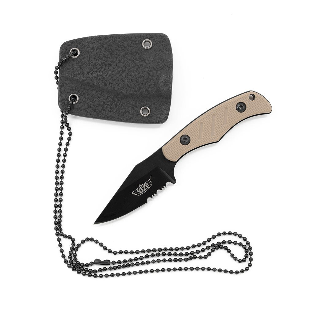 Cuchillo NECK negro con funda para colgar, hoja de acero inoxidable recubierta y mango G10 antideslizante