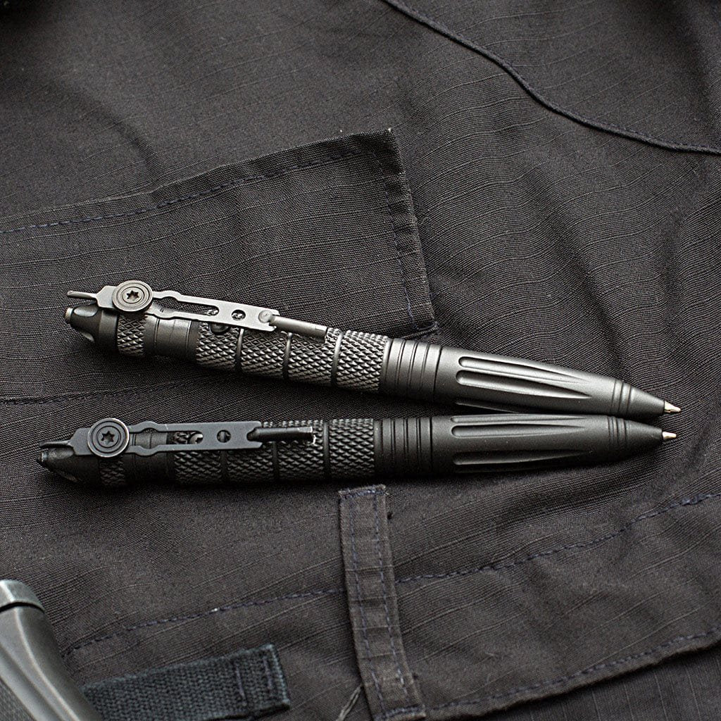 Bolígrafo táctico DEFENDER gris con rompecristales de tungsteno y llave para esposas