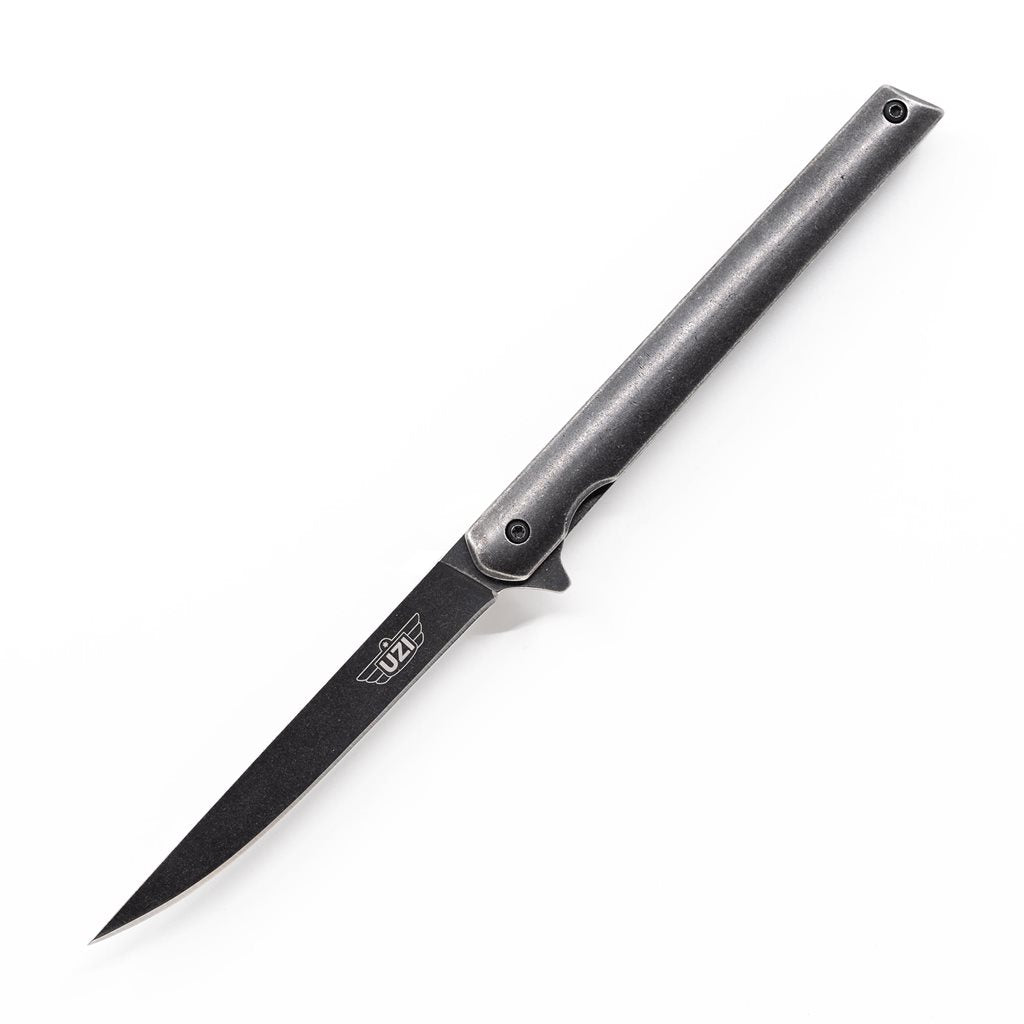 Navaja plegable OCCAM'S RAZOR con hoja estrecha y recubrimiento negro, cachas de acero