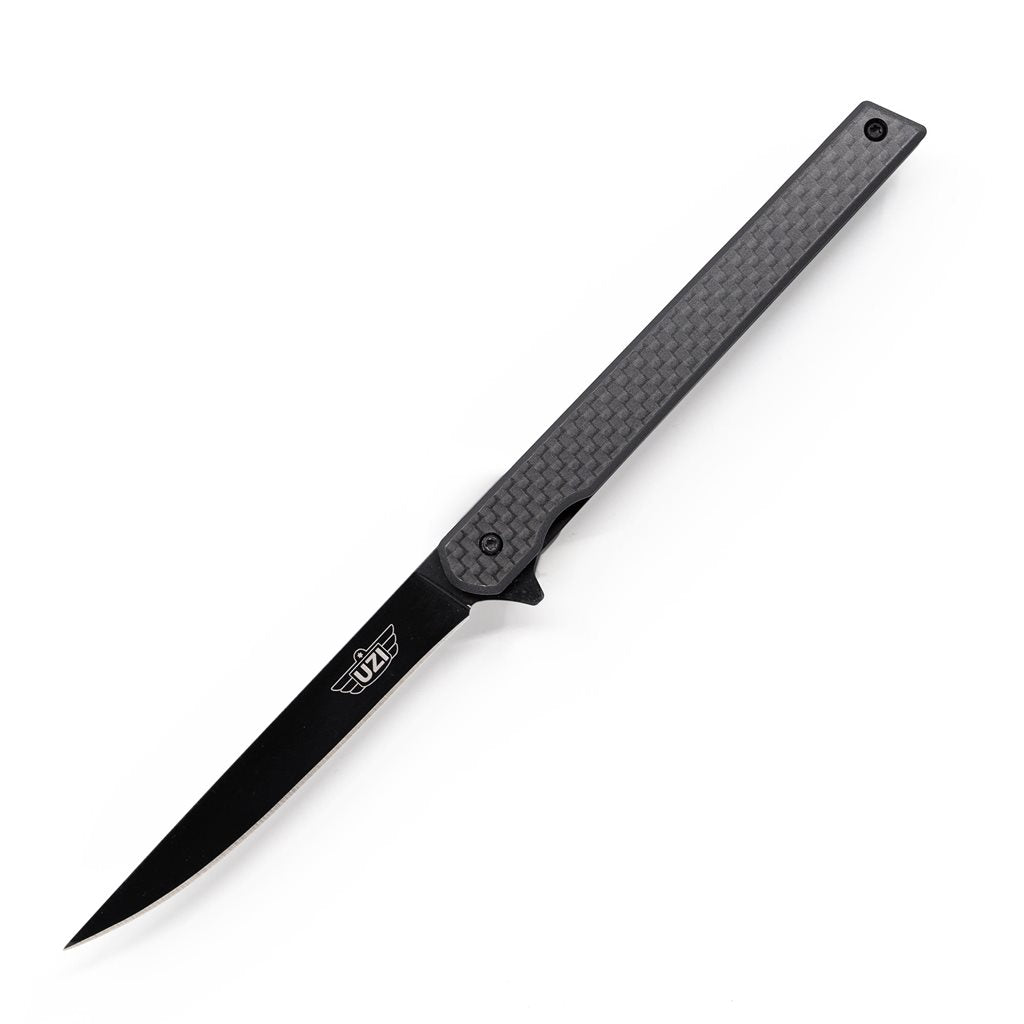 Navaja plegable OCCAM'S RAZOR con hoja estrecha y recubrimiento negro, cachas de acero