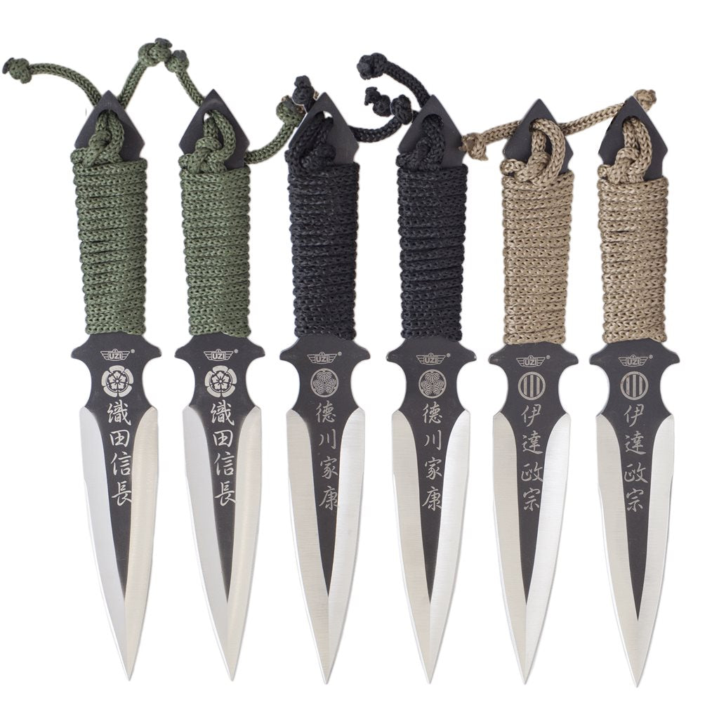 Set de 6 cuchillos de lanzar en acero inoxidable con funda y mangos envueltos en cordon verde, negro o arena
