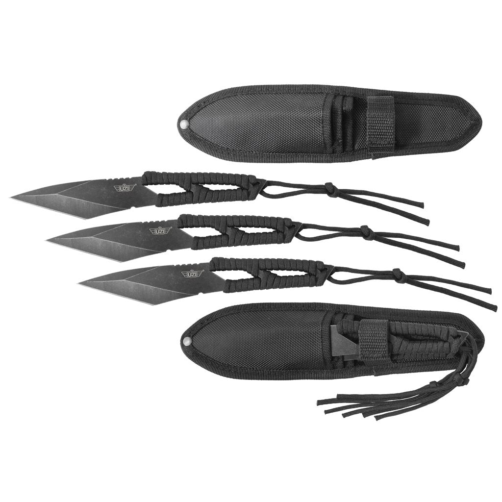 Set de 3 cuchillos arrojadizos full-tang con paracord y funda de nylon