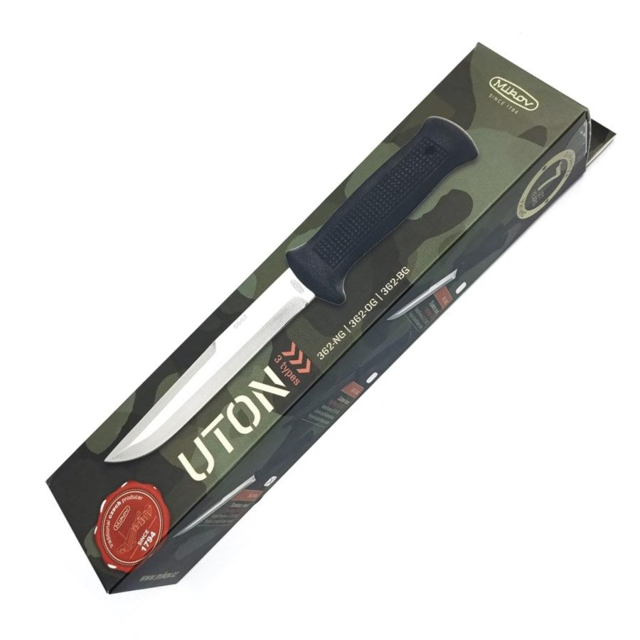 Cuchillo UTON 362-NG, hoja de acero inoxidable 420 y mango de caucho endurecido