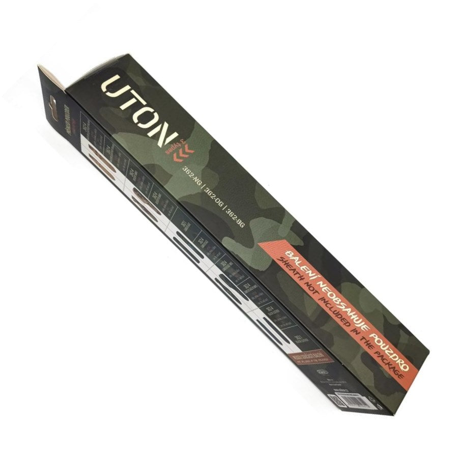 Cuchillo UTON 362-OG negro, hoja 140 mm de acero GR 1070, mango de goma con orificio para paracord