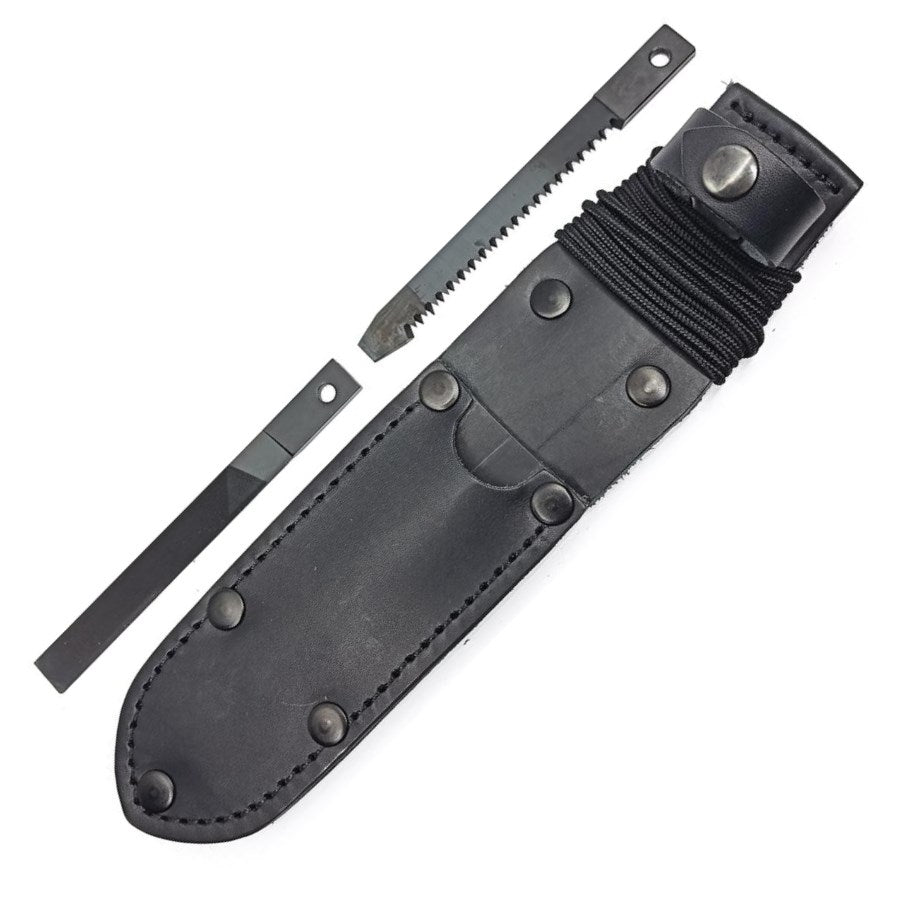 Funda de cuero negra UTON 362-OG con sierra, lima y paracord para cuchillo MIKOV