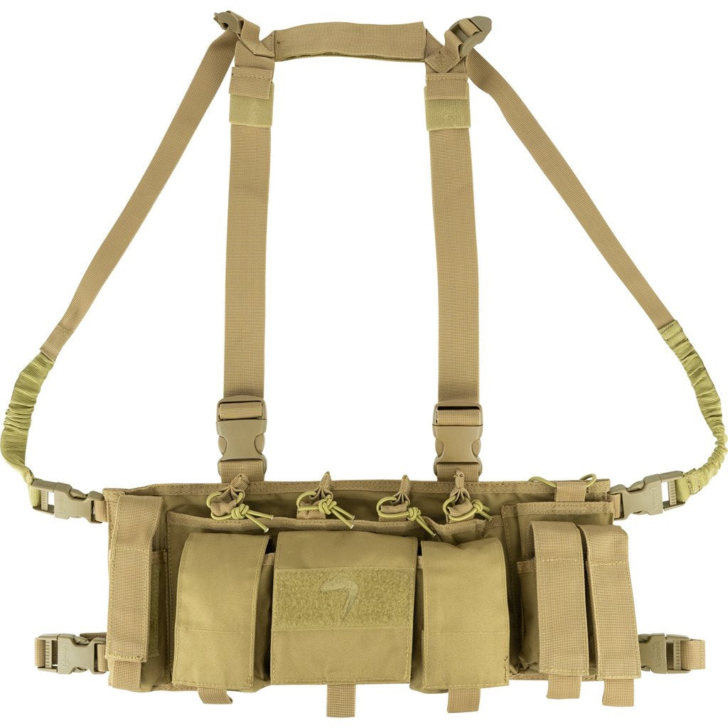 Vesta taktická SPECIAL OPS Chest Rig negra, vista frontal con bolsillos para cargadores