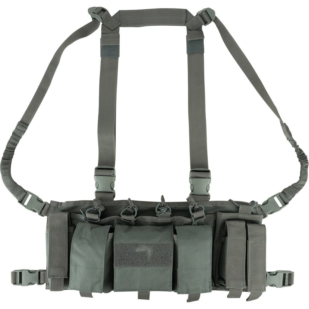 Vesta taktická SPECIAL OPS Chest Rig negra, vista frontal con bolsillos para cargadores