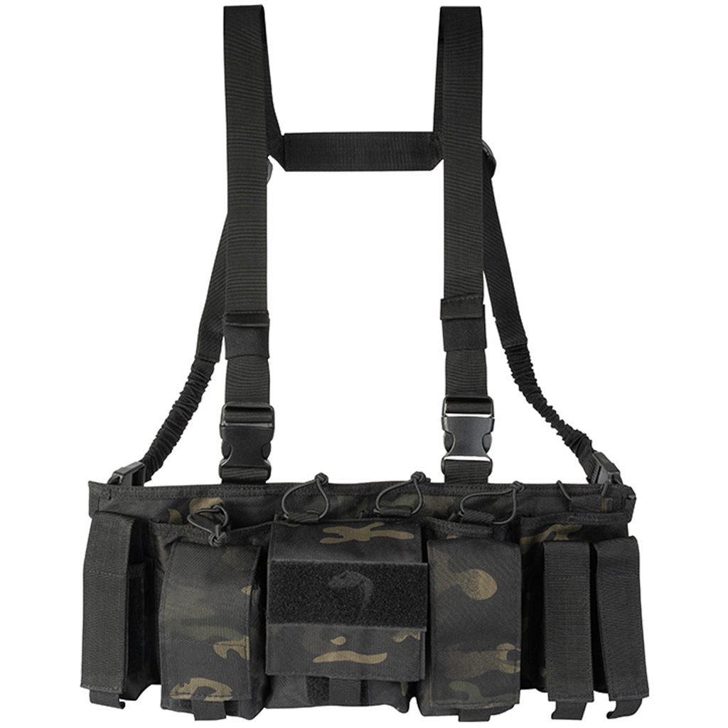 Vesta taktická SPECIAL OPS Chest Rig negra, vista frontal con bolsillos para cargadores