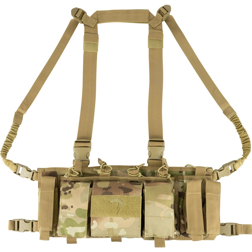 Vesta taktická SPECIAL OPS Chest Rig negra, vista frontal con bolsillos para cargadores
