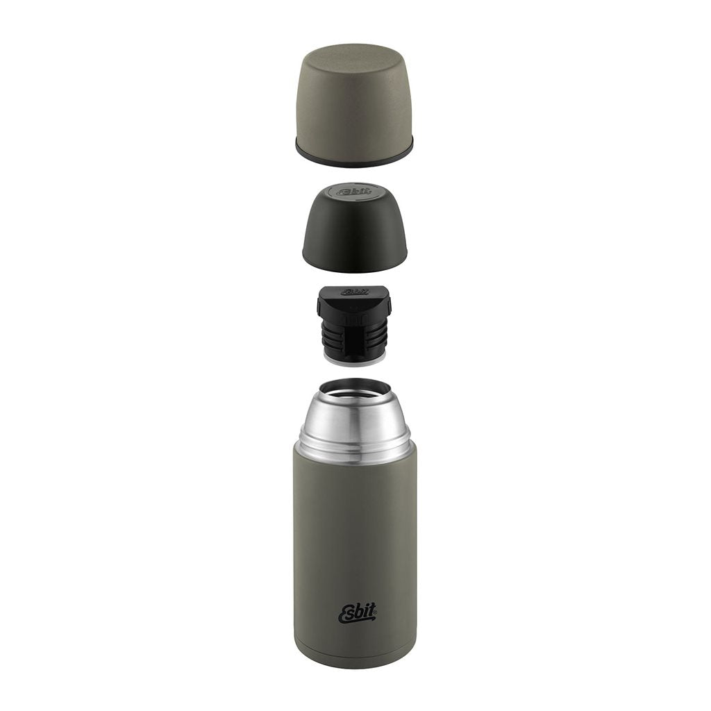 Termo de acero inoxidable 750 ml negro con acabado antideslizante, incluye 2 vasos y 2 cierres