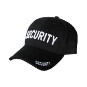 Gorra baseball negra con bordado blanco 'SECURITY' en frontal y visera