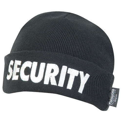 Gorro tejido negro con inscripción SECURITY y forro THUNSULATE