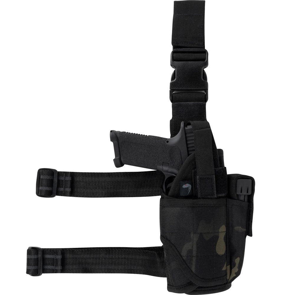 Funda de pistola ajustable Uni muslera negra con camuflaje, cierre con broche y correas ajustables
