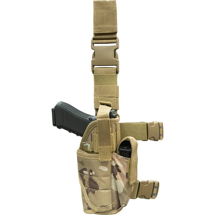 Funda de pistola ajustable Uni muslera negra con camuflaje, cierre con broche y correas ajustables