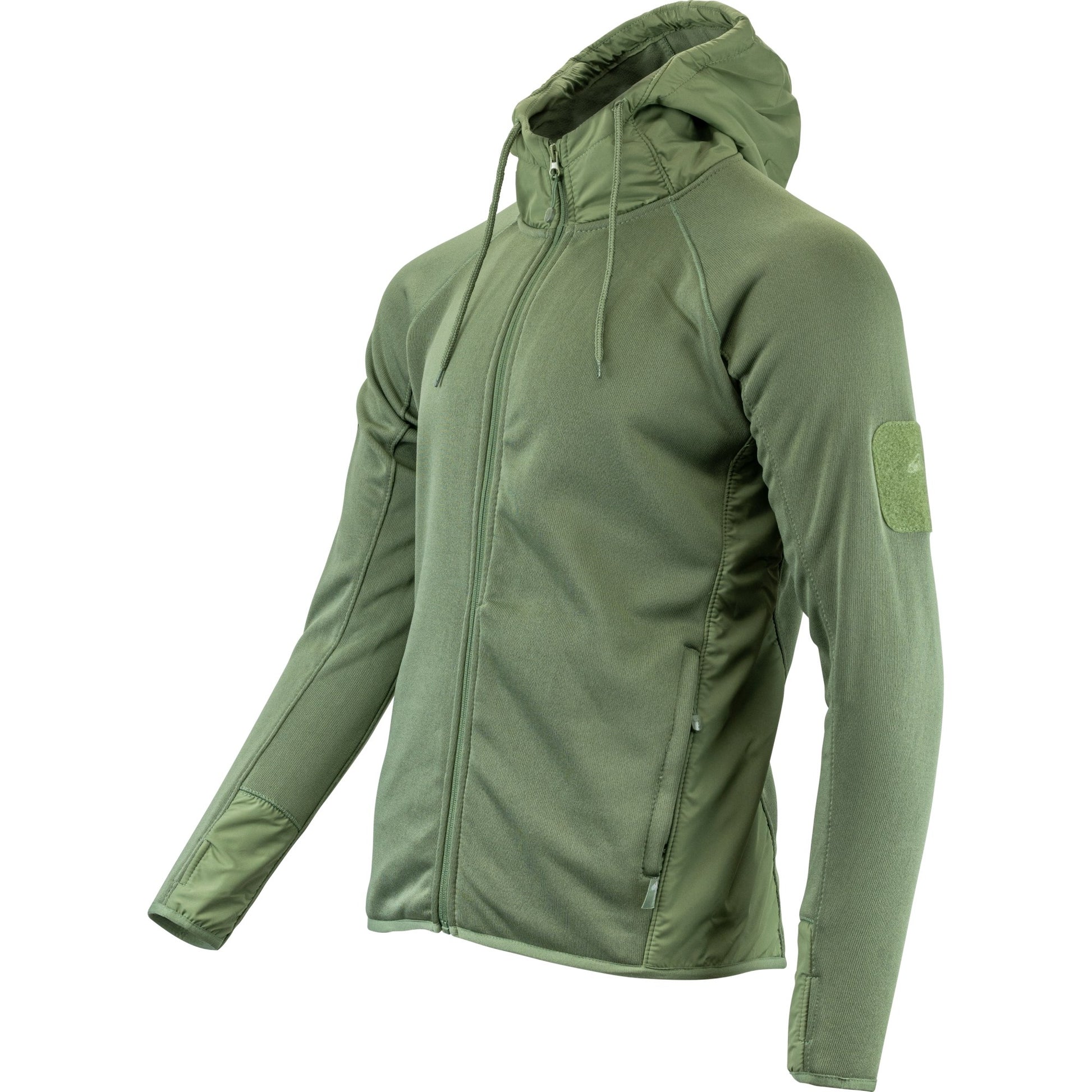 Sudadera STORM fleece verde con capucha ajustable, bolsillos y paneles VELCRO