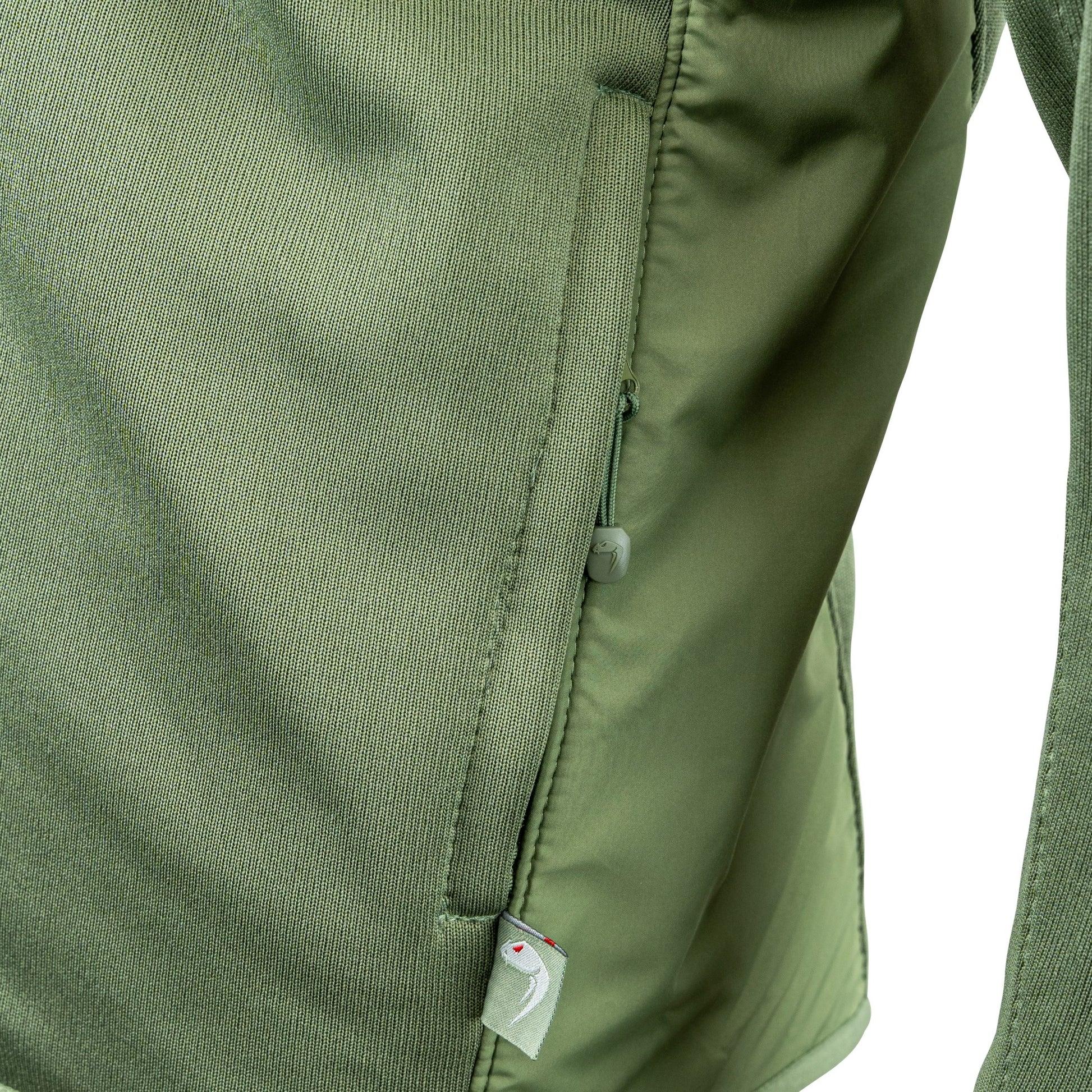 Sudadera STORM fleece verde con capucha ajustable, bolsillos y paneles VELCRO