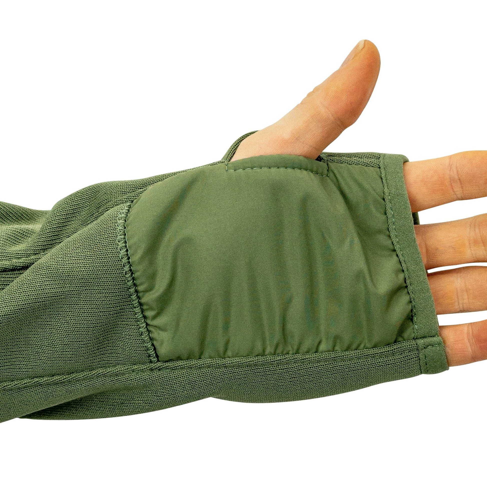 Sudadera STORM fleece verde con capucha ajustable, bolsillos y paneles VELCRO