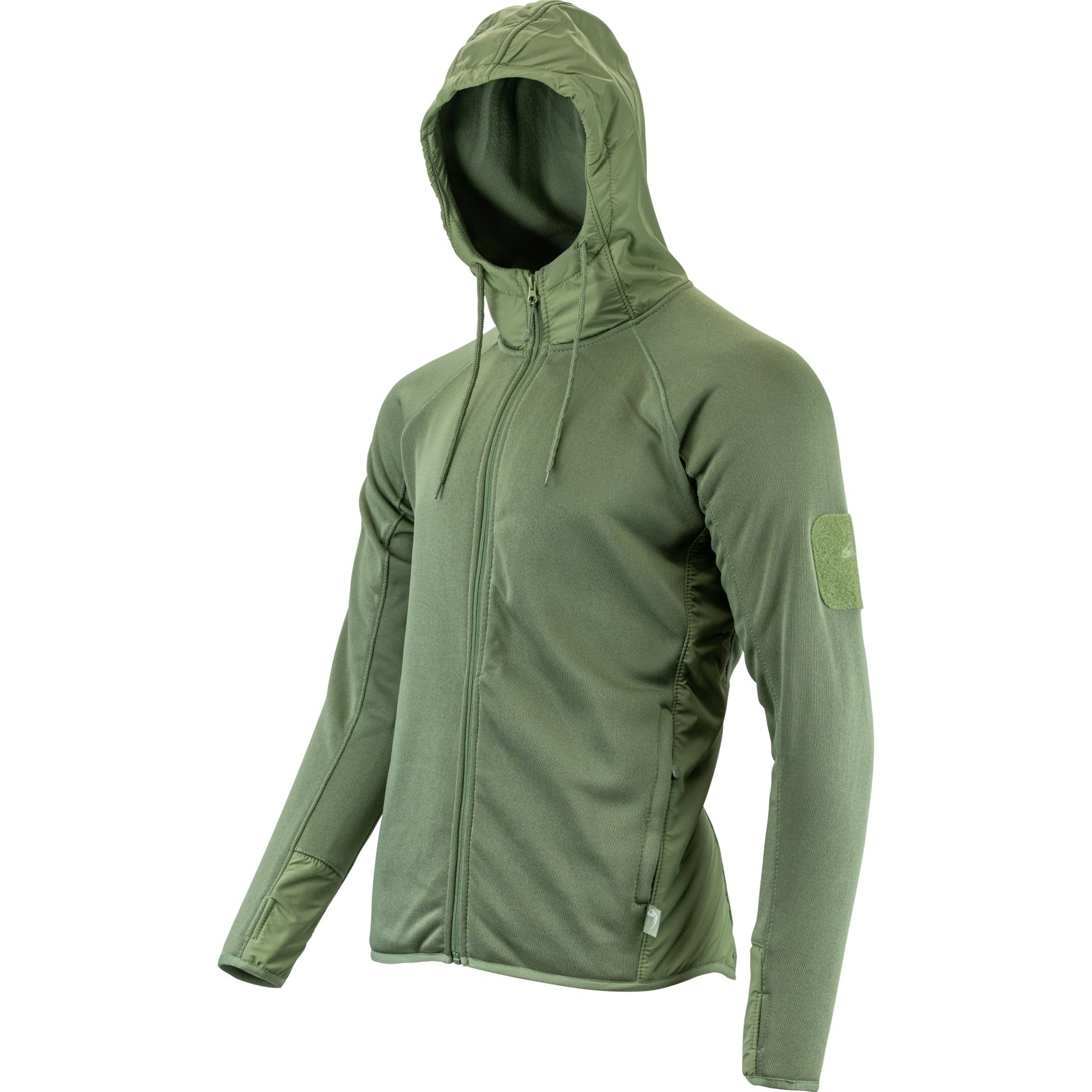 Sudadera STORM fleece verde con capucha ajustable, bolsillos y paneles VELCRO
